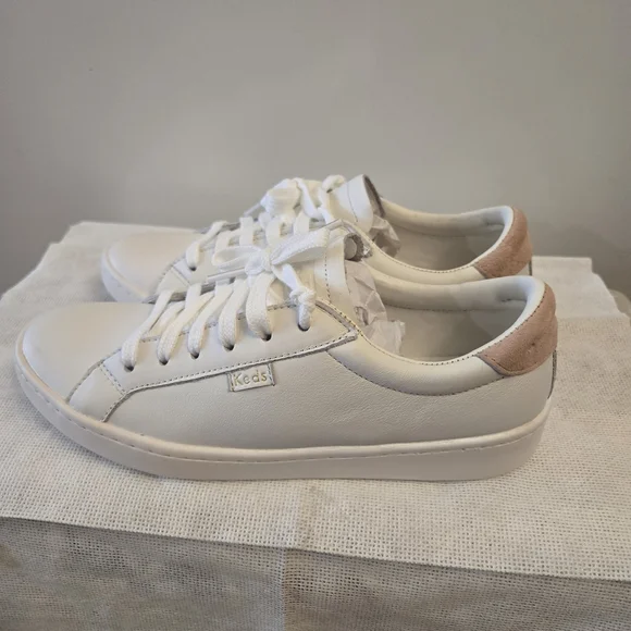 Keds White Leather Sneakers with Blush Heel - Picture 4 of 7